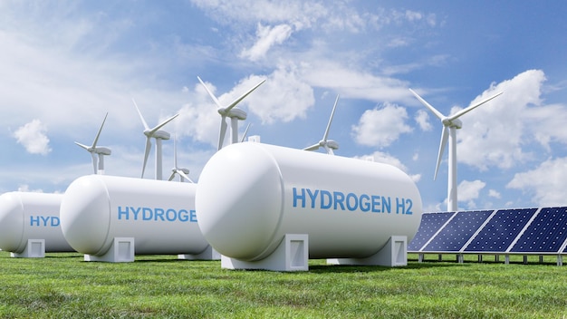 Photo hydrogen energy storage gas tank for clean electricity solar and wind turbine facility