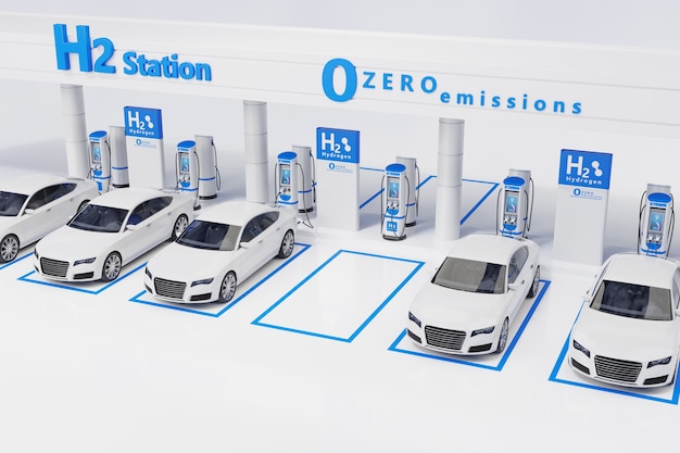 hydrogen fuel car charging station white color visual concept design