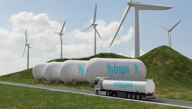 Hydrogen fuel transportation and storage green power and zero emissions energy 3d illustrations rendering
