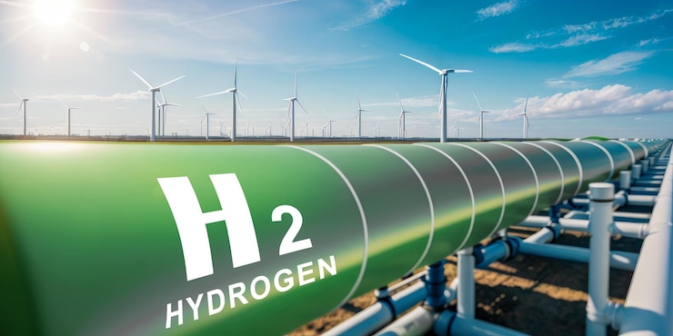 Photo hydrogen pipeline h2 with wind turbines and in background green hydrogen production concept hydrogen renewable energy production hydrogen gas for clean electricity solar and windturbine facilit