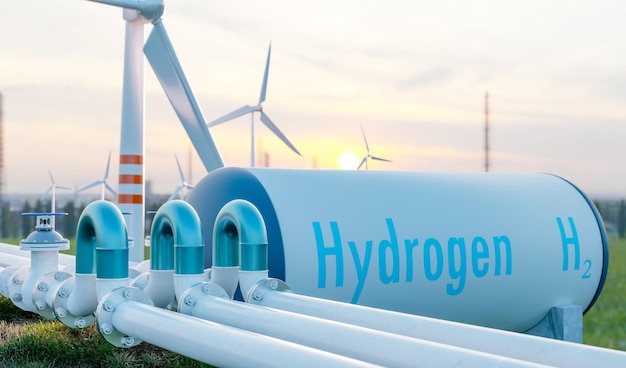 Hydrogen pipeline and hydrogen fuel tank with wind turbines farm green power and environmental protection concept