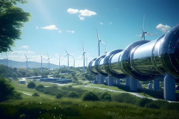 A hydrogen pipeline with wind turbines and in the background Green hydrogen production concept