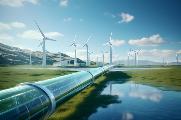 A hydrogen pipeline with wind turbines and in the background Green hydrogen production concept