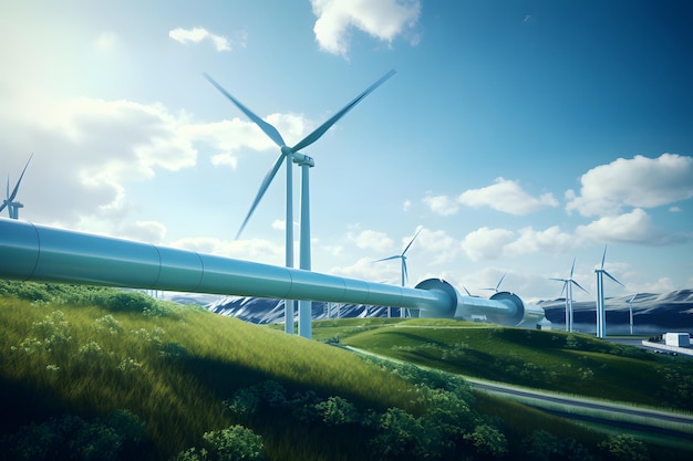 A hydrogen pipeline with wind turbines and in the background Green hydrogen production concept