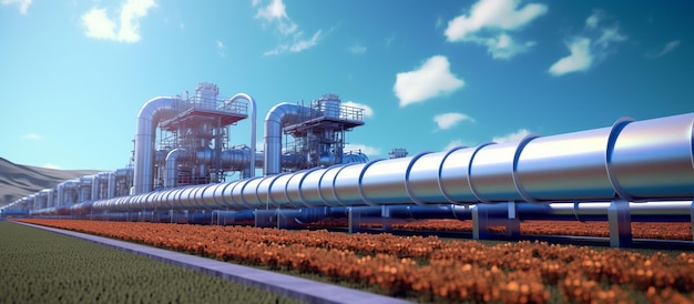 A hydrogen pipeline with wind turbines and in the background