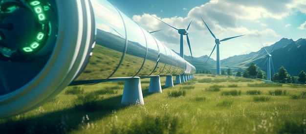 A hydrogen pipeline with wind turbines and in the background