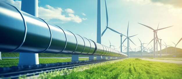 A hydrogen pipeline with wind turbines and in the background