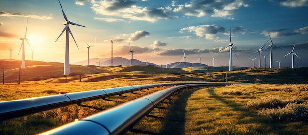Hydrogen pipeline with wind turbines Green Hydrogen Energy