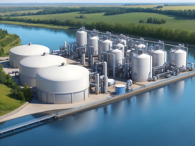 Hydrogen production plant large metal storage tanks near lake or river Clean H2 production