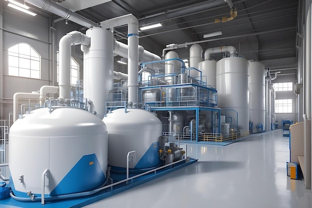 Hydrogen production plant large metal storage tanks near lake or river Clean H2 production