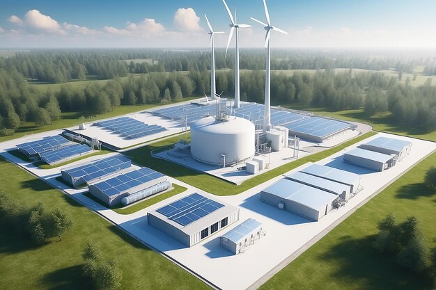 Photo hydrogen renewable energy production hydrogen gas for clean electricity solar and windturbine facility 3d rendering