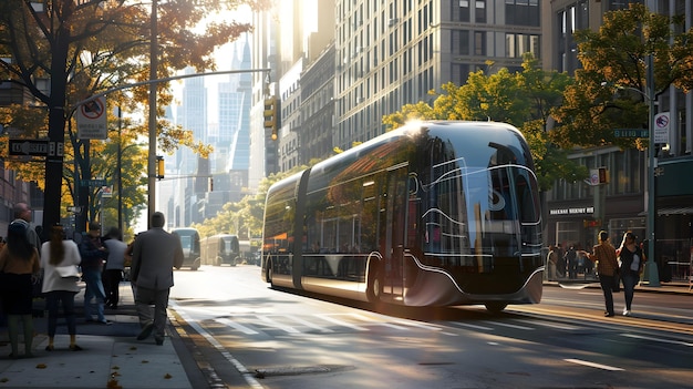 Фото Автобус общественного транспорта на водороде в оживленном городском ландшафте