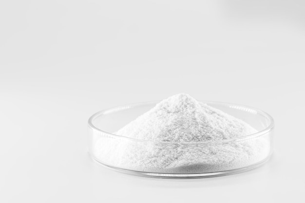 Hydrolyzed Collagen Powder in the laboratory pharmaceutical product for use in the food industry isolated background and copyspace