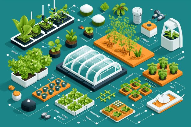 Hydroponic farming isometric flowchart