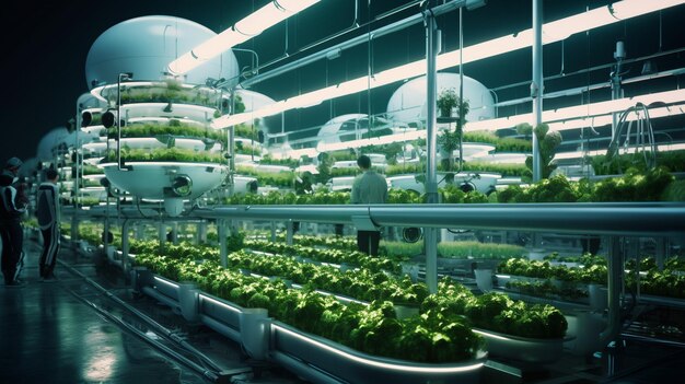 Hydroponic greenhouse with futuristic farming tech