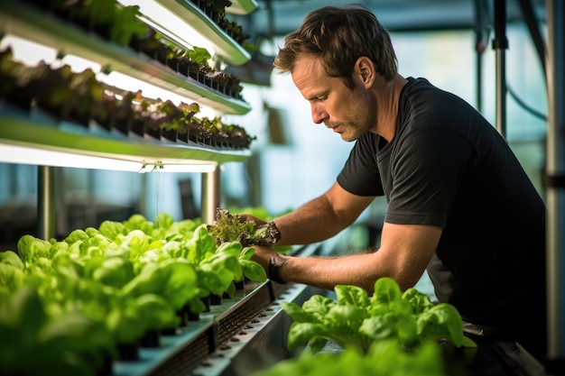 Hydroponic Harvest Owner Picking Fresh Veggies