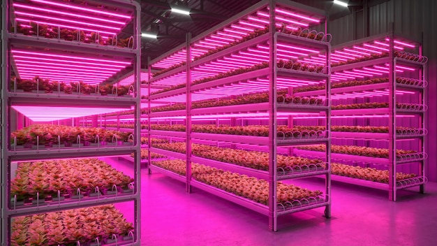 Hydroponic indoor vegetable plant factory. Exhibition space warehouse farm hydroponics