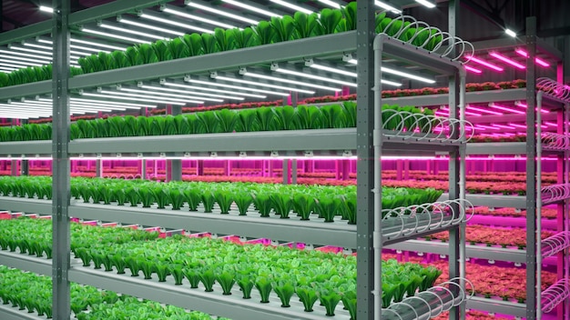 Завод гидропоники комнатных овощей на складе выставочного пространства. Интерьер фермы гидропоники. Зеленый салат. Салат римский растет в теплице со светодиодной подсветкой.