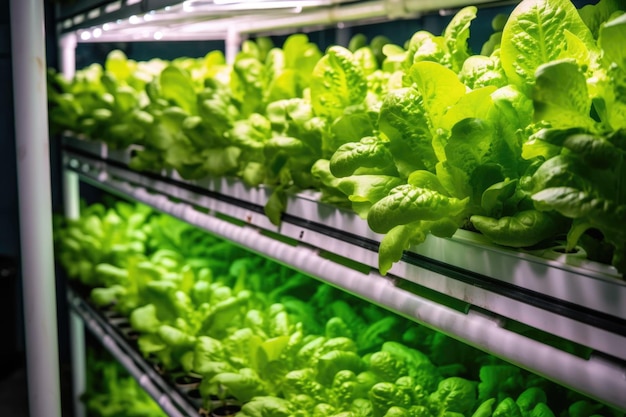 Hydroponic lettuce growing in a vertical farm setup created with generative ai