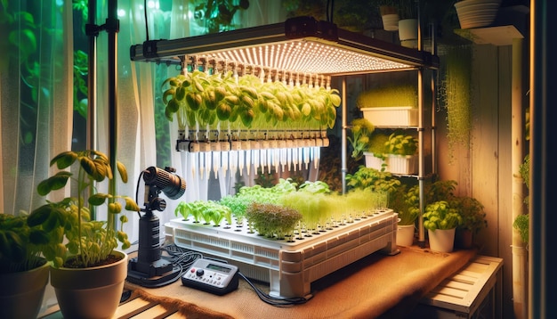 hydroponic system with LED lighting for soilless growing of plants in urban Vertical farming
