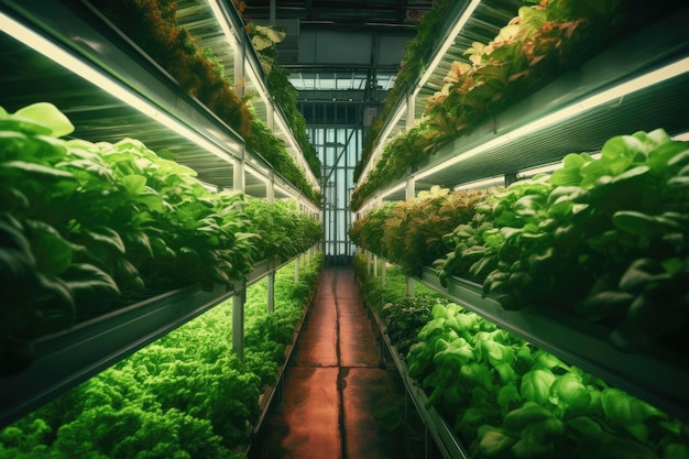Of hydroponic vegetable garden in greenhouse with neon lights