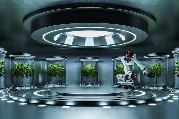 Hydroponics Lab room on spacecraft with robots taking care3D rendering