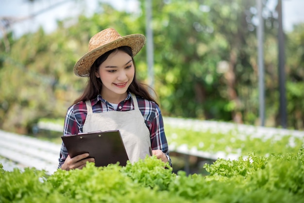写真 水耕栽培野菜畑。水耕野菜の栽培と分析を研究している美しいアジアの農家。有機野菜と健康食品を育てるというコンセプト。