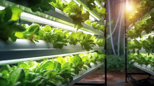 Hydroponics and Vertical farming concept Efficient space utilization yearround production Sustainable resourceefficient agriculture Copy space Banner Generative AI