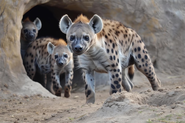 Hyena cubs playfully peeking from a burrow in the savannah