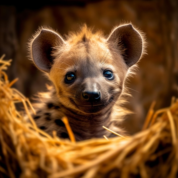 A hyena is sitting in a nest with its eyes closed.