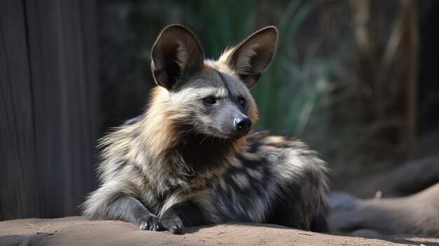 A hyena is sitting on a rock in a zoo.