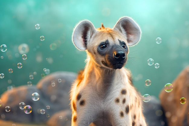 a hyena is standing in front of bubbles