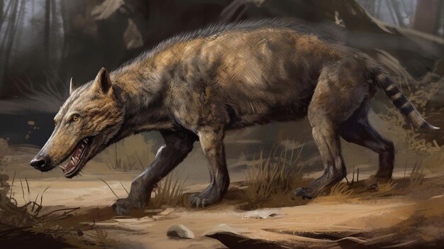 A hyena is walking in a rocky landscape.