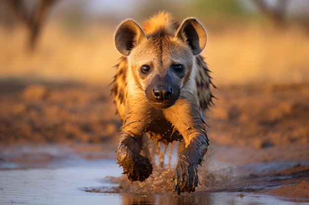 a hyena running through a muddy puddle