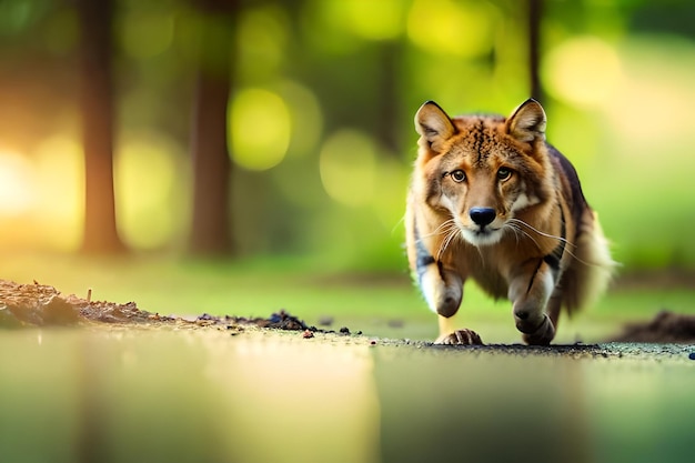 a hyena running in the woods with a reflection of trees in the background