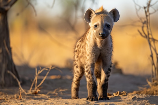 a hyena standing in the dirt near a tree