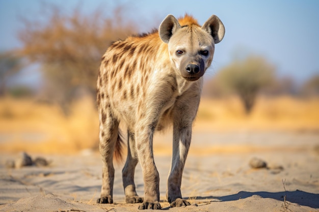 a hyena standing in the sand in the wild