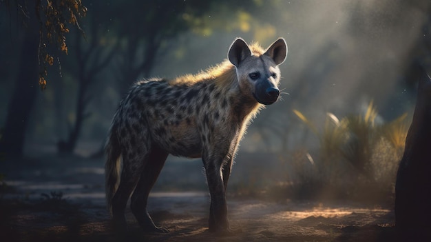 A hyena stands in the forest with the sun shining on its face.