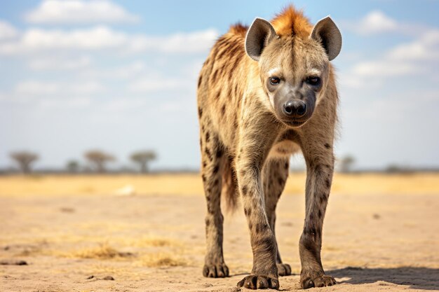 A hyena walking across a dry grass field