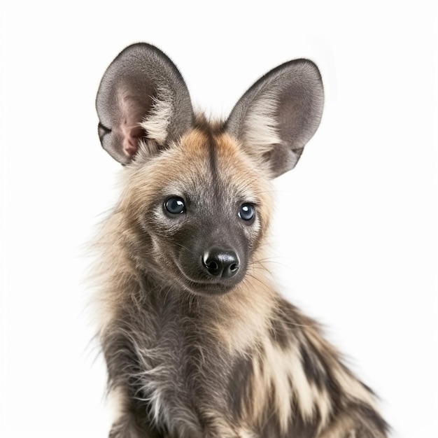 A hyena with black eyes and a white background