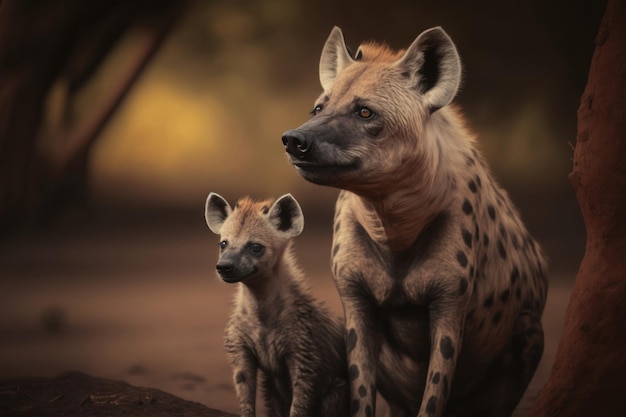 Hyena with cub in natural habitat Generative AI