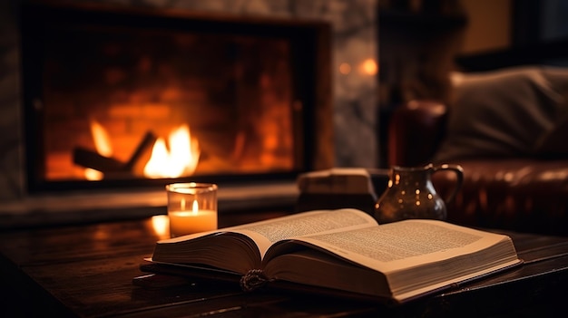 暖かい暖炉のそばのハイジェの快適さは,テーブルに開いた本を持って ⁇ やかに読むことを招きます