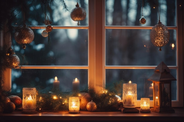 Hygge decoration and the concept of Christmas can be illustrated by the image of candles softly glow...