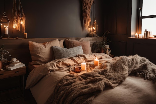 Hyggeinspired bedroom with cozy bedding warm lighting and candles