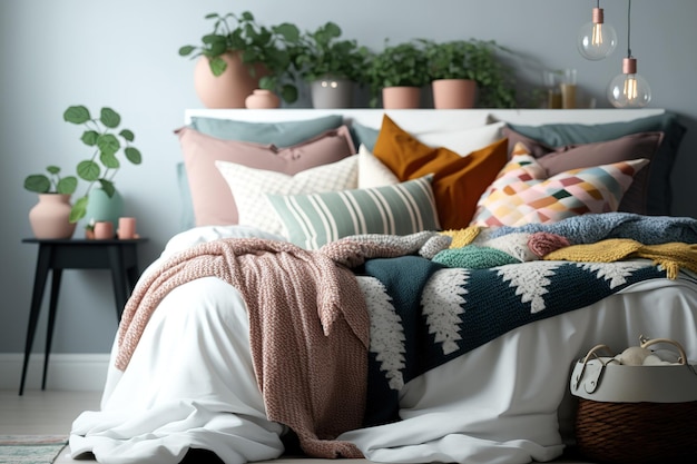 Кровать размера "king-size" в стиле Hygge с яркими подушками, пуховым одеялом и одеялами