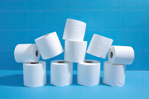 Hygiene concept depicted with white toilet paper rolls placed on a blue backdrop