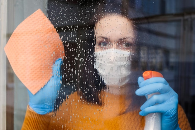 Hygiene concept - woman wearing protective medical mask for protection from virus in gloves with window cleaner
