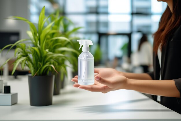 Photo hygiene essentials in the workspace office sanitizer and blurred professional