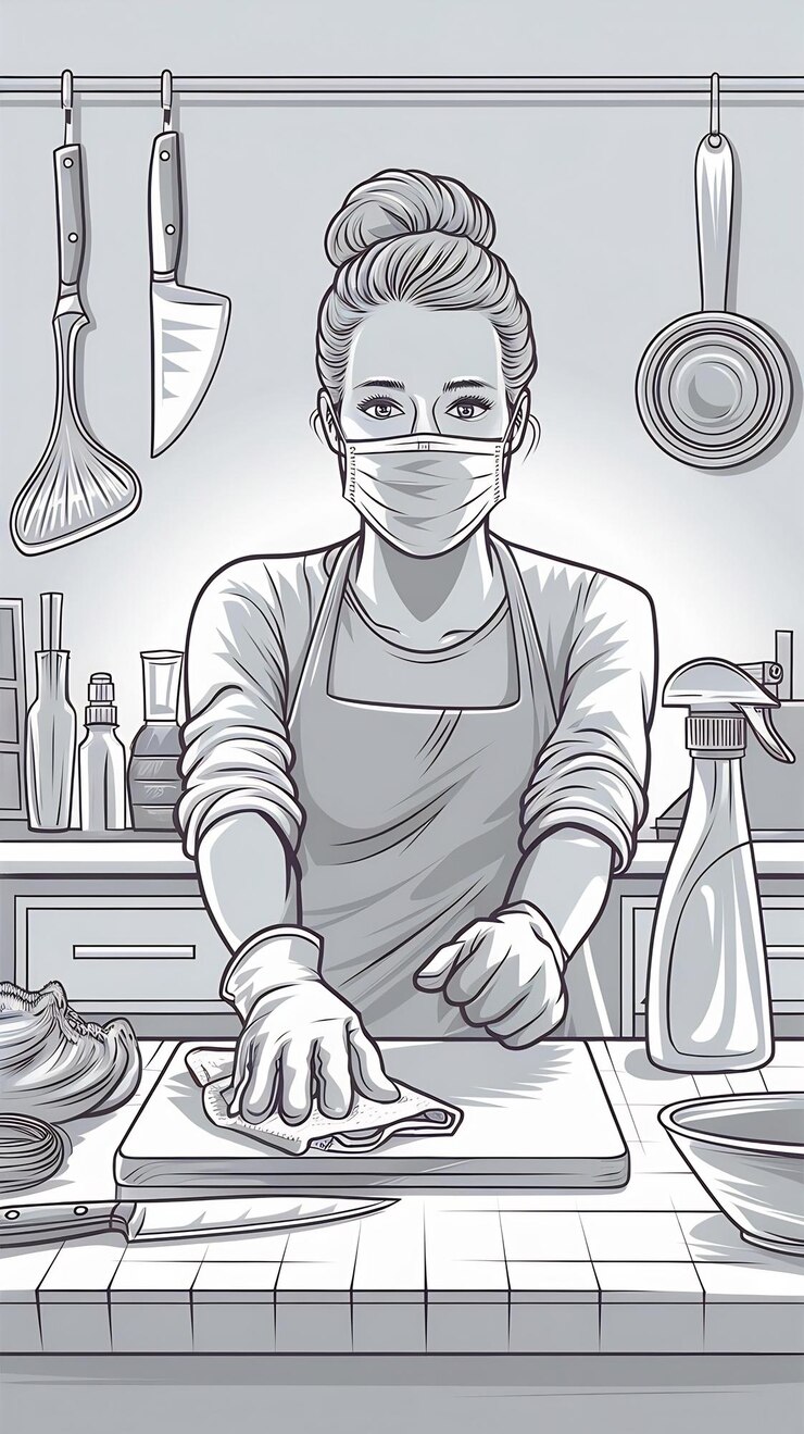 फोटो hygiene portrait and woman wipe kitchen counter with cloth for cleaning remove bacteria or chores