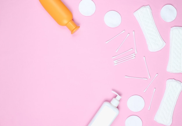 Hygiene products on a pink table